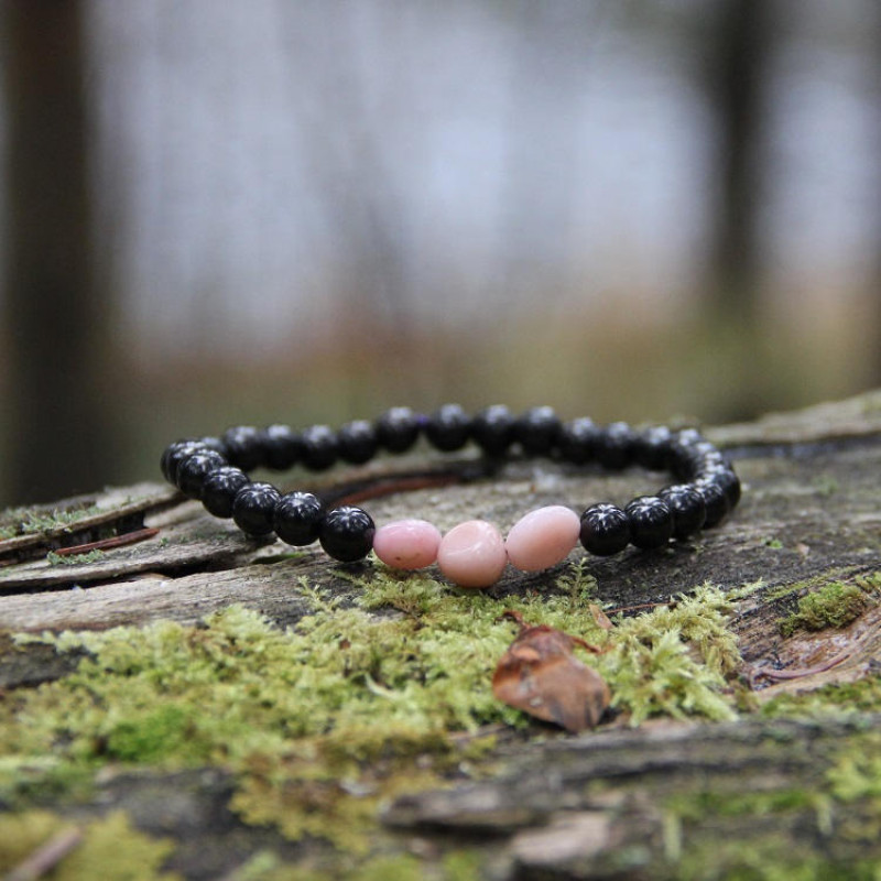 Shungite and Pink Opal Crystal Energy Bracelet for Heart Chakra Balancing BO44 